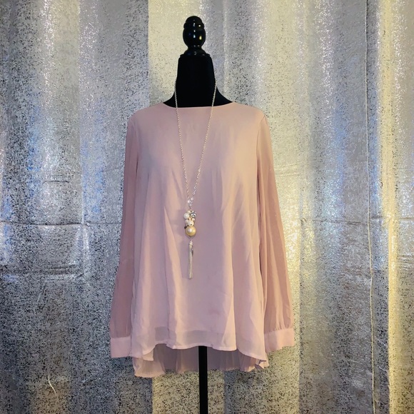 Tops - Blush Pink Chiffon Babydoll Blouse Pleated Back- L